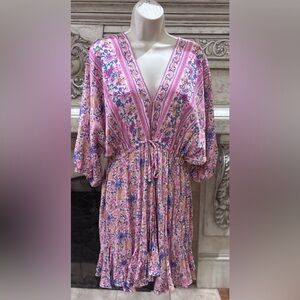 R Vivimos Pink Floral Empire Waist Mid Length Dress Large 12/14